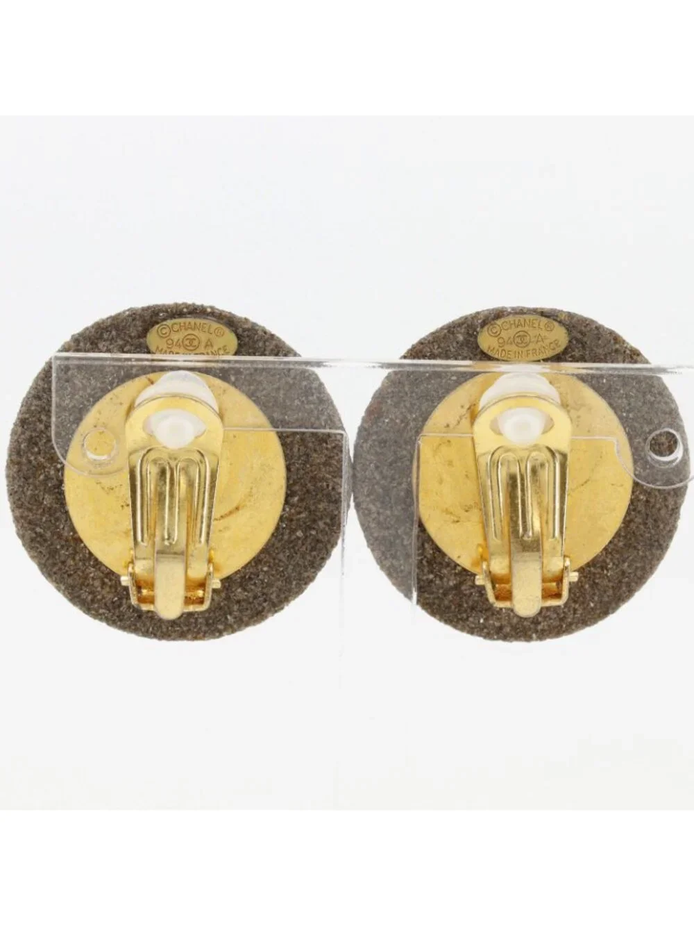 Chanel CC Logo Stone Motif Vintage Gold Plated Gray Earrings